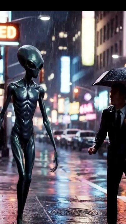 Alien walks among passersby at night