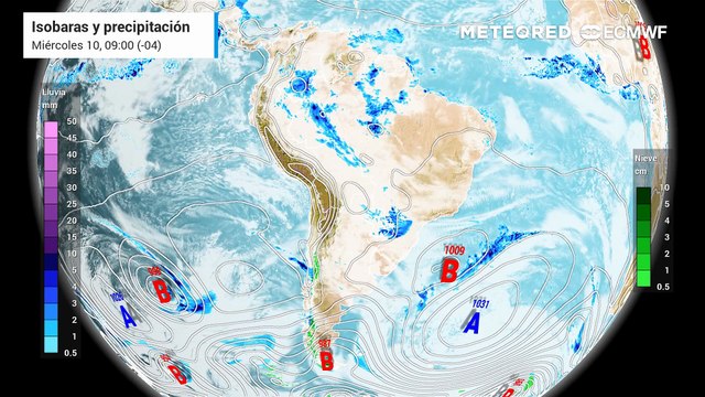 Pronóstico de isobaras y precipitación: Miércoles 10 de junio.