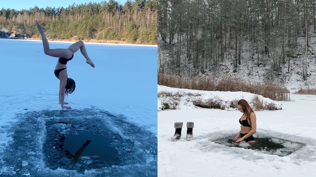 Nature enthusiast takes a FRIGID plunge into icy waters