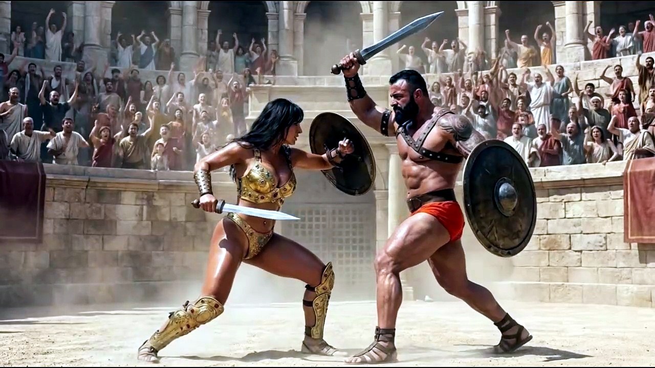 Deadly fight between female and male gladiators