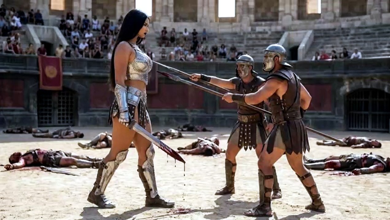 Tall female gladiator walks towards her opponents