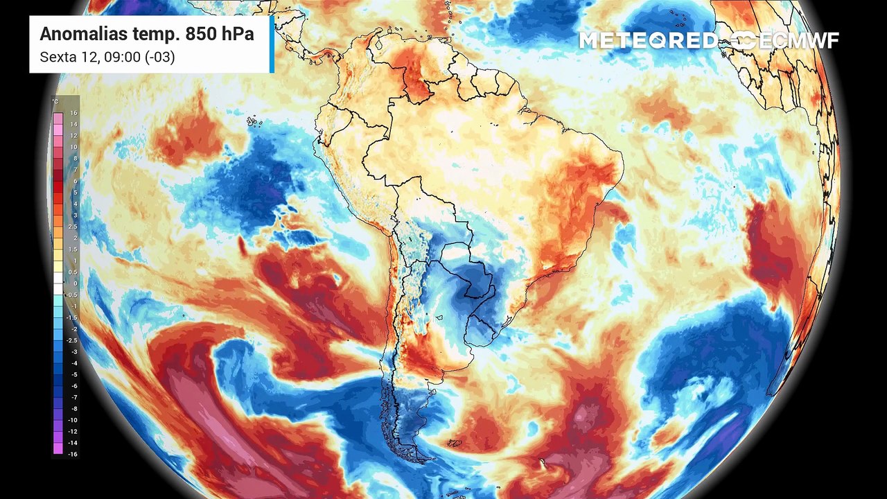 Sexta-feira, 12 de junho: Anomalia de temperatura em 850 hPa.
