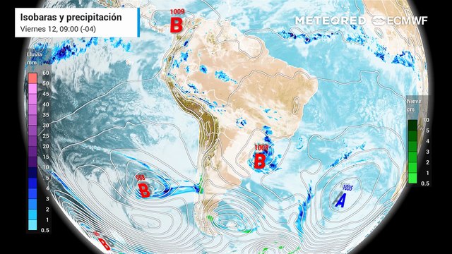 Pronóstico de isobaras y precipitación: Viernes 12 de junio