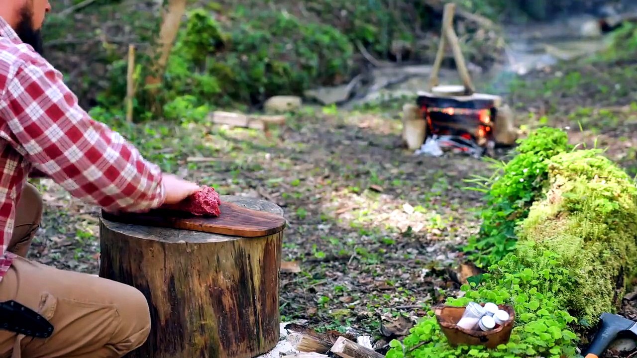 Deep Fried Camembert Burger on a Hot Stone _ Outdoor Cooking