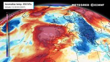 Anomalías de temperatura previstas a unos 1500 metros de altura, delatando la posición de las masas de aire más cálidas