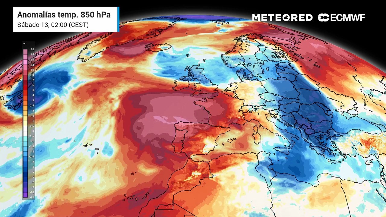 Anomalías de temperatura previstas a unos 1500 metros de altura, delatando la posición de las masas de aire más cálidas