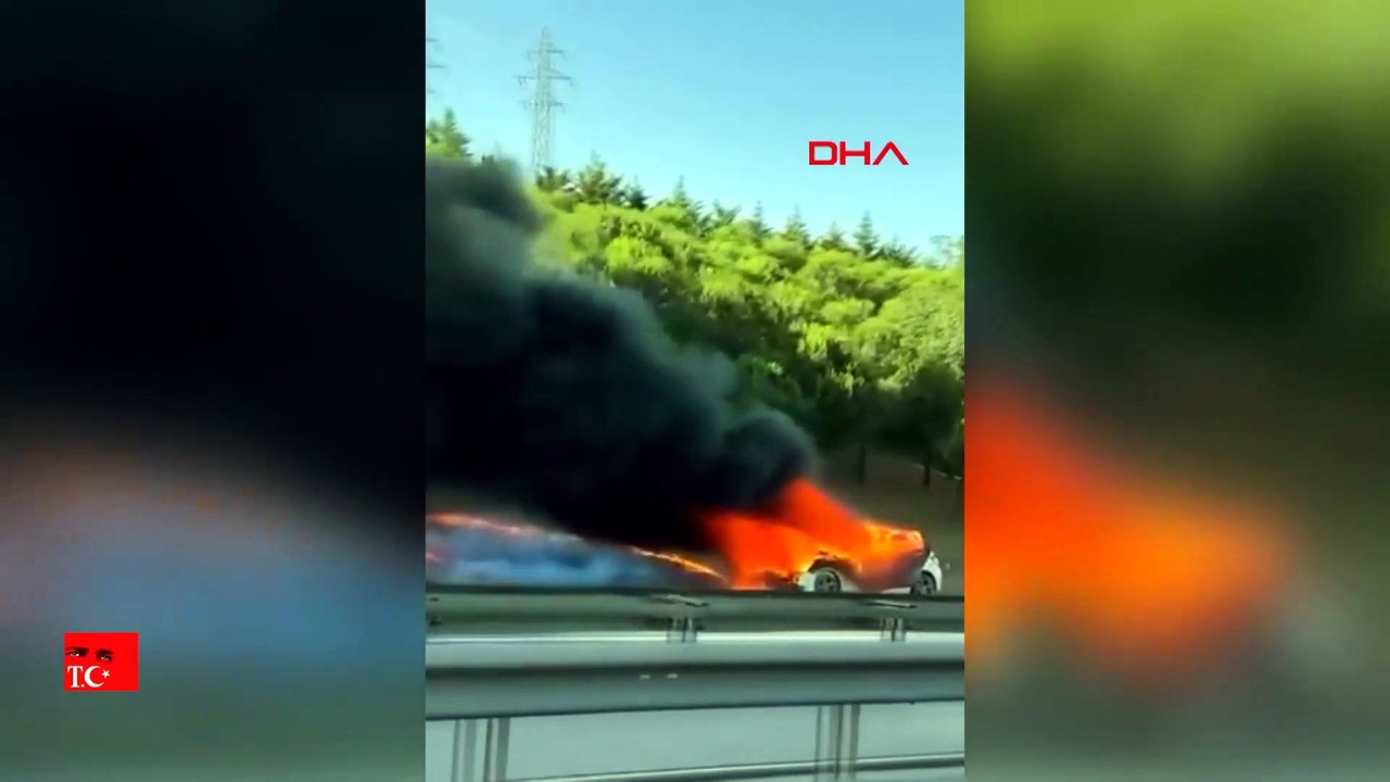 Avcılar TEM Otoyolu'nda otomobilden yükselen alevler ağaçlık alana sıçradı