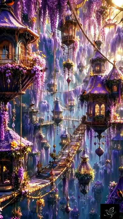 The Hidden Kingdom Hanging Beneath Wisteria Flowers | 4K Cinematic Fantasy