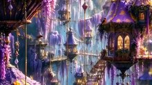 The Hidden Kingdom Hanging Beneath Wisteria Flowers | 4K Cinematic Fantasy
