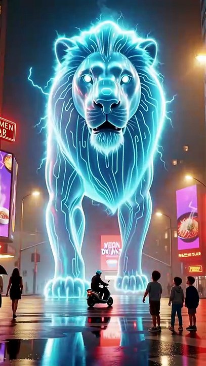 "Giant Holographic Lion Appears in Futuristic City - Mind-Blowing Sci-Fi Animation 🦁✨"