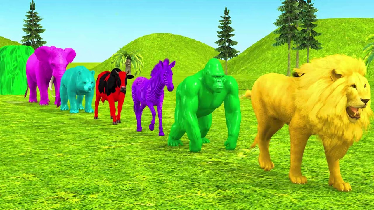 Paint Animals Lion Gorilla Zebra Cow Elephant Cartoon Wild Animals Fountain Crossing Animal Cartoon