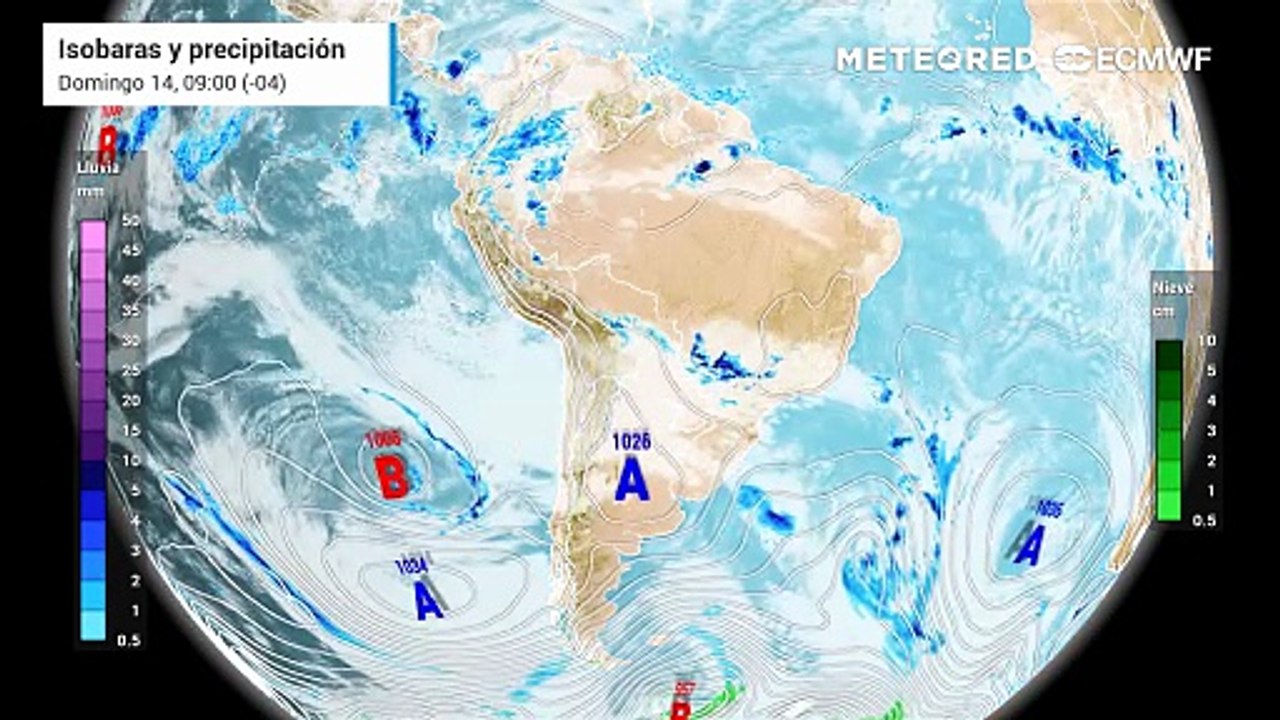 Pronóstico de isobaras y precipitación: Domingo 14 de junio.