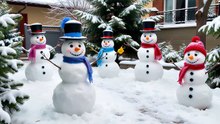 大雪の日に家の庭に雪が積もり雪だるまが作られている