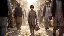 poor boy walking a street