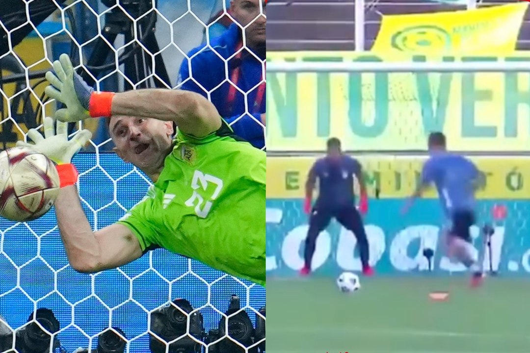 Messi tries to help Dibu Martínez train but his shots prove impossible to handle