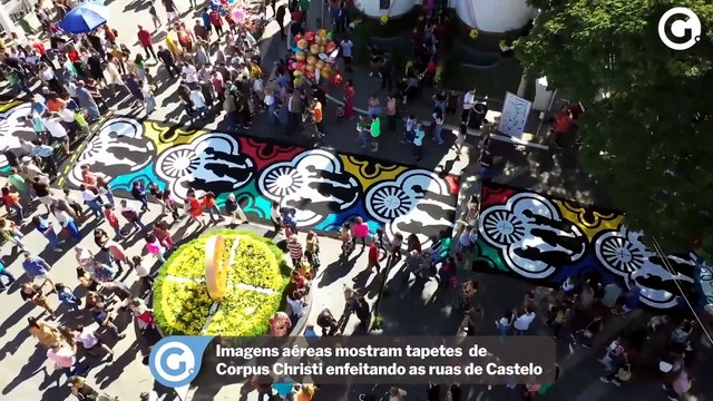 Imagens aéreas mostram tapetes de Corpus Christi enfeitando as ruas de Castelo