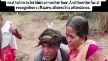 MGNREGA worker Srinivas borrows coworker's hair for facial recognition attendance after tonsure.