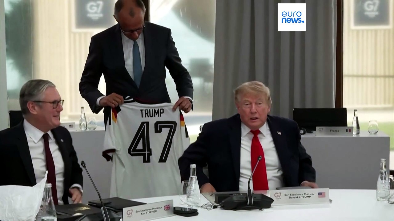 Watch: German chancellor surprises Trump with 'Trump 47' football jersey at G7