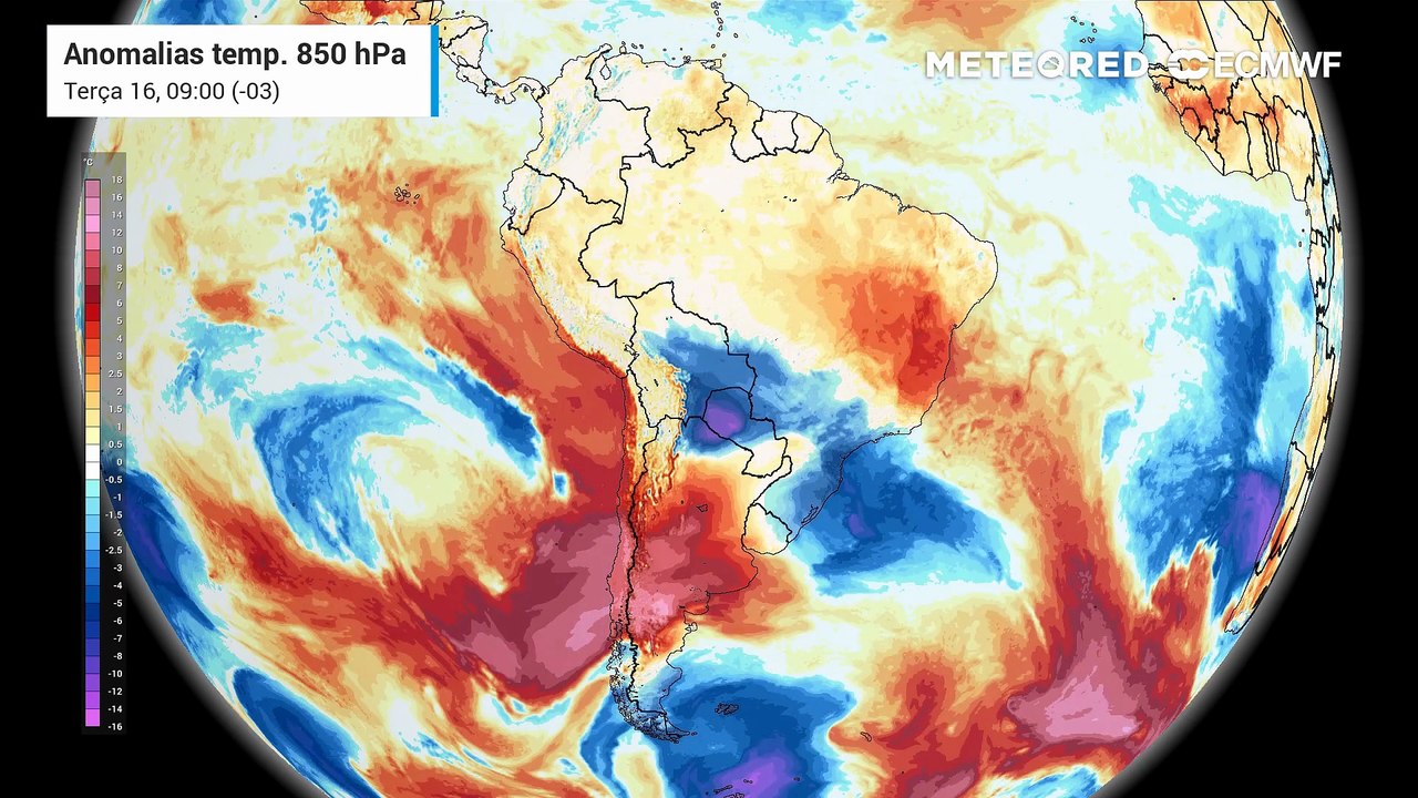 Terça-feira, 16 de junho: Anomalias de temperatura em 850hPa