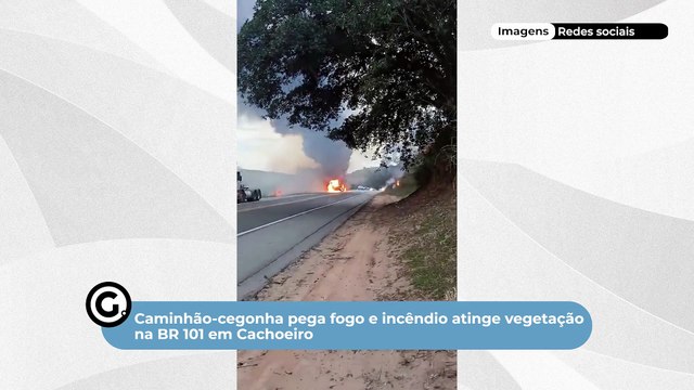 Caminhão-cegonha pega fogo e incêndio atinge vegetação na BR 101 em Cachoeiro