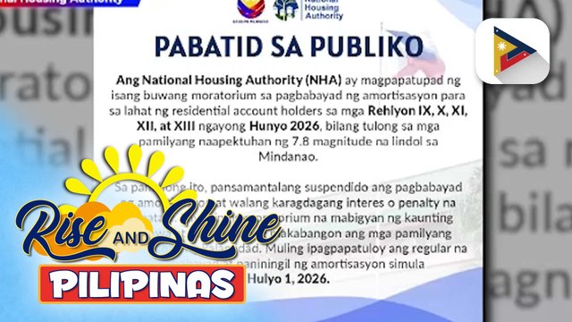 NHA, magpapatupad ngayong Hunyo 2026 ng moratorium sa amortization ng mga pabahay sa Region 9, 10, 11, 12 at 13
