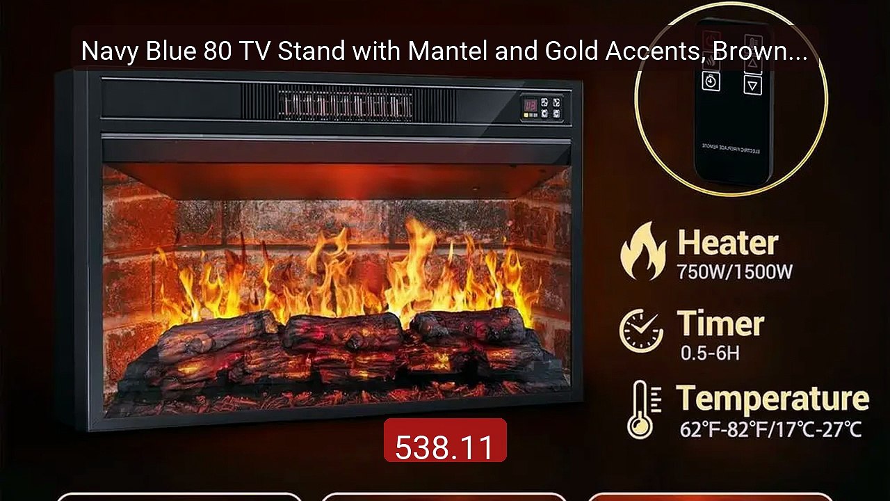 Navy Blue 80 TV Stand with Mantel and Gold Accents, Brown Wood... -- Best Buy 2026 | Great Quality!