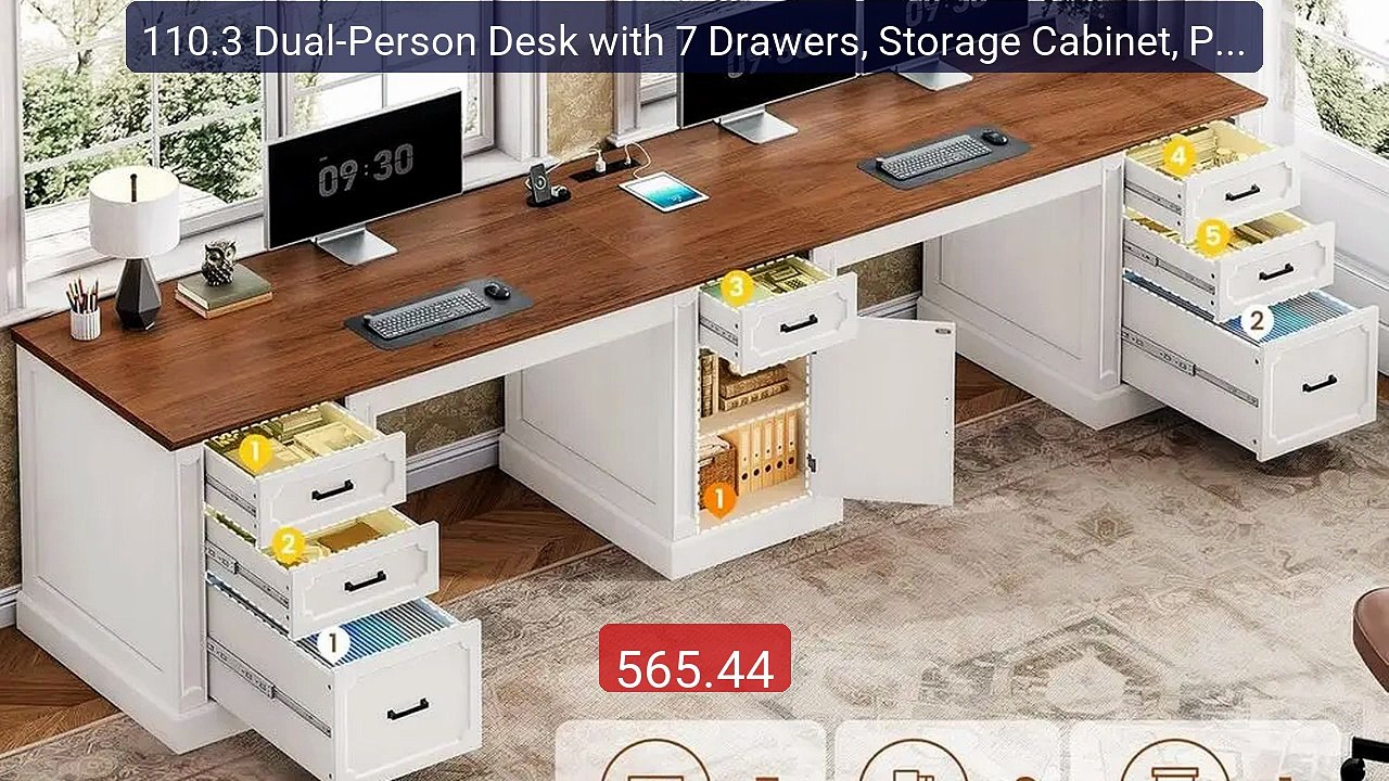 110.3 Dual-Person Desk with 7 Drawers, Storage Cabinet, Power ... -- Best Buy 2026 | Great Quality!