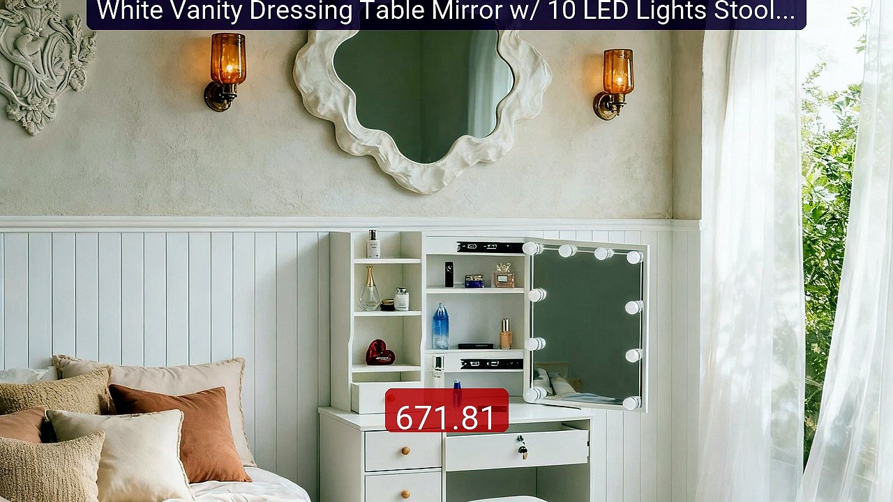White Vanity Dressing Table Mirror w/ 10 LED Lights Stool Mak... -- Amazing Value 2026 | Must Have!