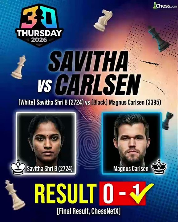 Magnus Carlsen Defeats Savitha Shri in Thursday Blitz Round 1 #thursdayblitz #carlsen #savitha #chess #chessnetx