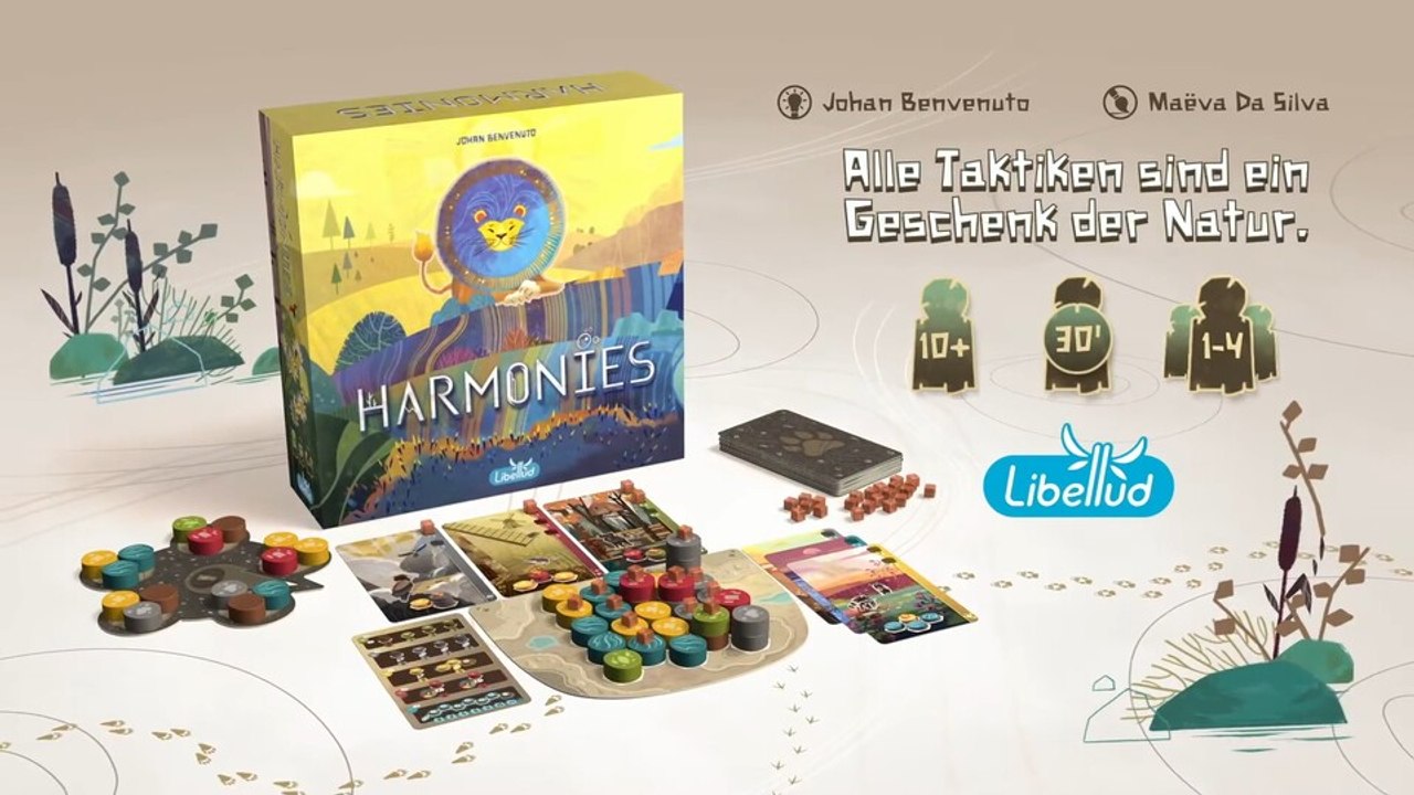 Harmonies ist ein idyllisches Brettspiel für 2-4 Personen, in dem ihr Landschaften für niedliche Tiere baut