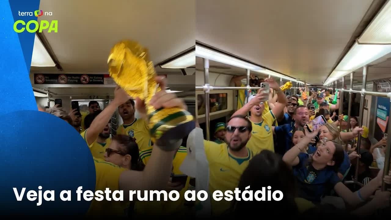 Torcedores brasileiros pintam metrô de NY em verde e amarelo antes da Copa Brasil x Haiti