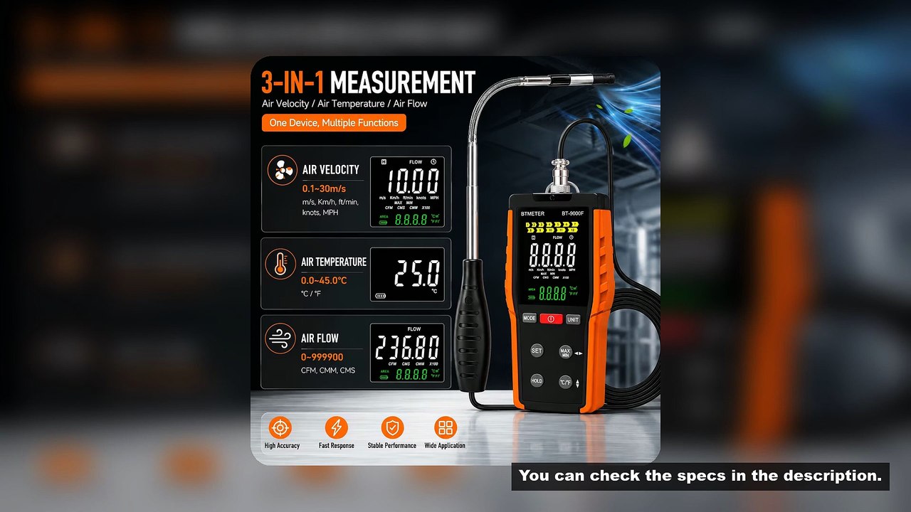 BTMETER 9000F Thermal Anemometer Air Flow Meter with Temperature Measurement, Telescopic Probe HVAC