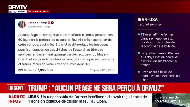 Donald Trump menace d'imposer un péage américain dans le détroit d'Ormuz en cas d'échec des négociations avec l'Iran