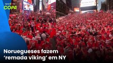 Torcida norueguesa invade a Times Square para fazer a remada viking antes de jogo da Copa