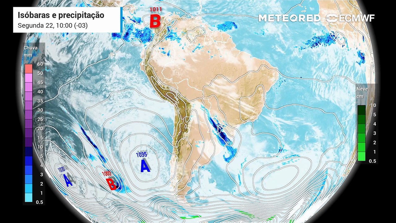 Segunda-feira, 22 de junho: Precipitação e linhas de pressão (isóbaras)