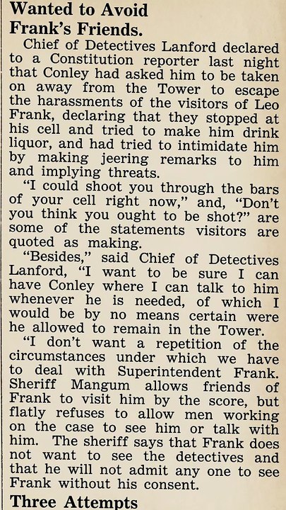 Sunday, 1st June 1913 Conley is Removed from Fulton Tower at His Own Request