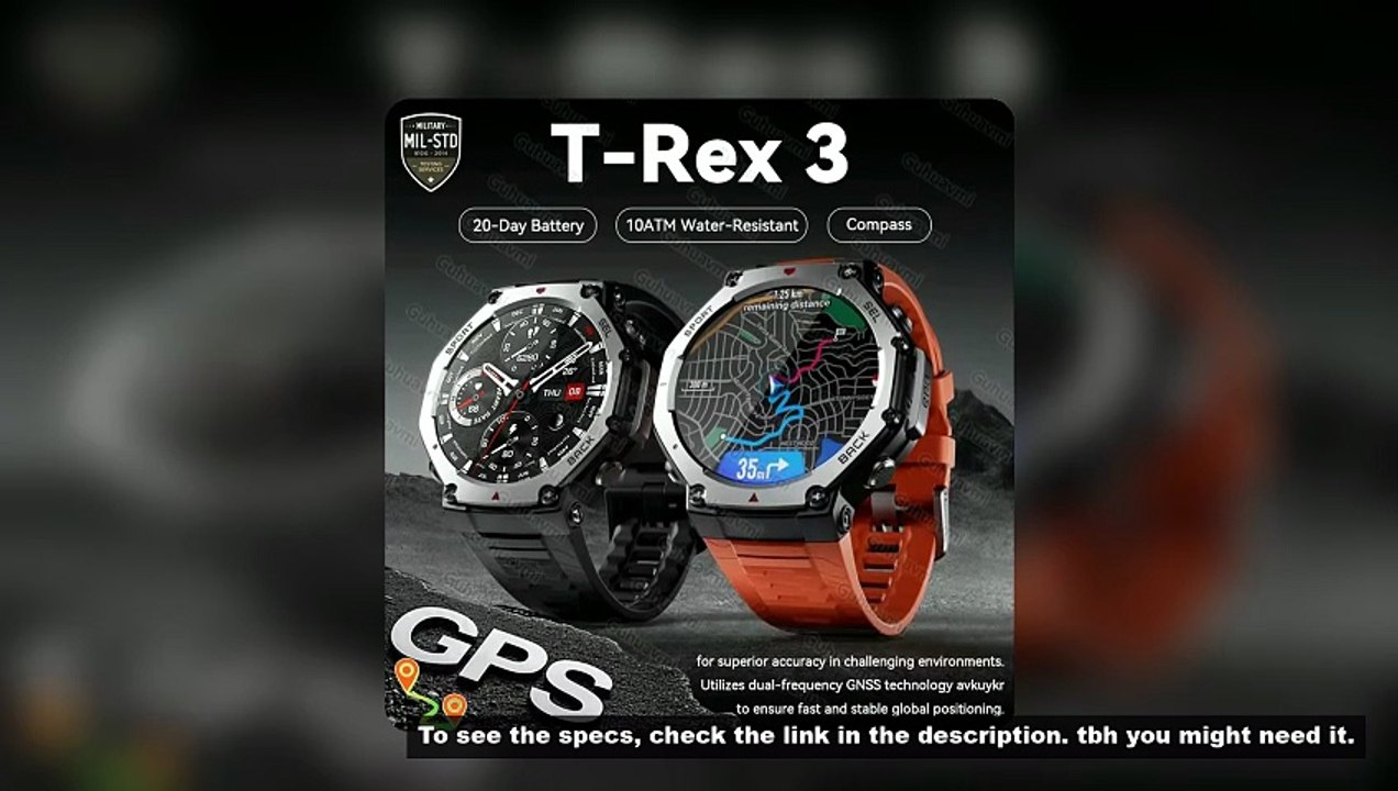 New T-Rex 3 Pro Dual-Band GPS Military Smart Watch 48mm 10ATM Water-Resistant 500mAh Battery Compass