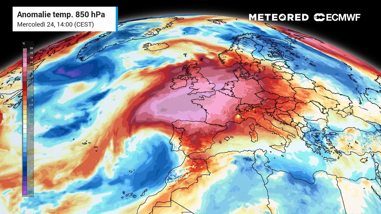 L'Europa è alle prese con una severa ondata di calore, come evidenziato anche dalla sequenza delle anomalie termiche previste a 850HPa.