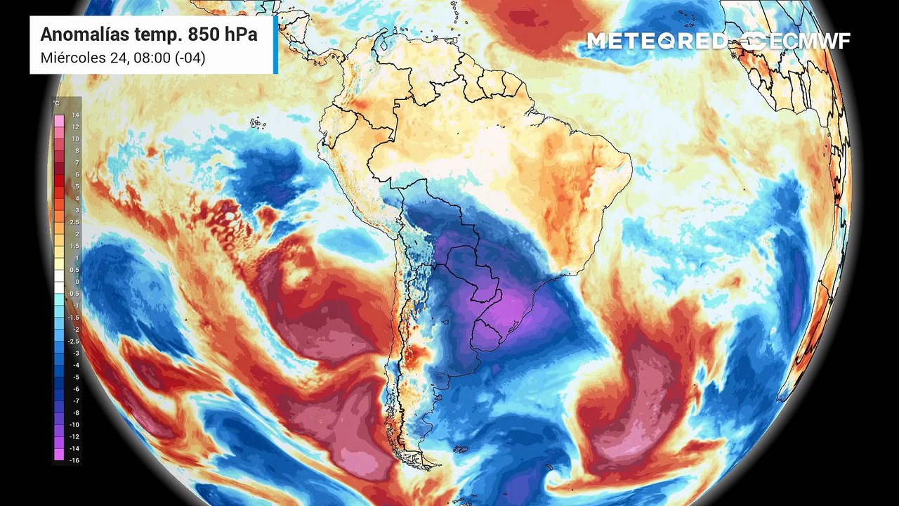 Anomalías de temperaturas a 850 hPa: Miércoles 24 de junio.