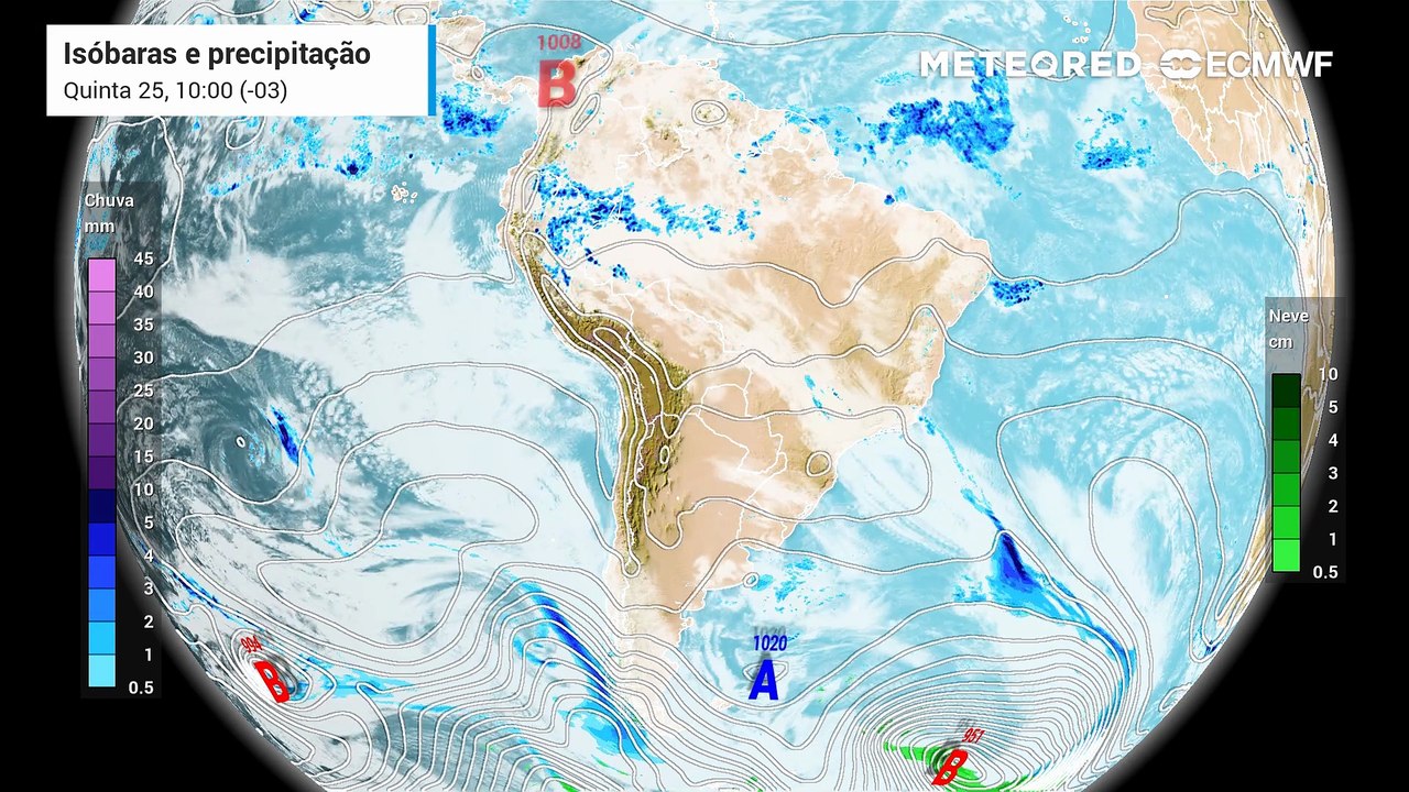 Quinta-feira, 25 de junho: Precipitação, nebulosidade e pressão a nível médio do mar.