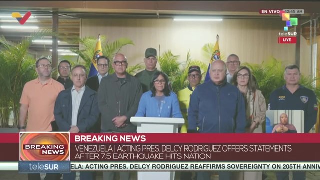 Acting pres. Delcy Rodriguez offers statements after earthquakes hits nation