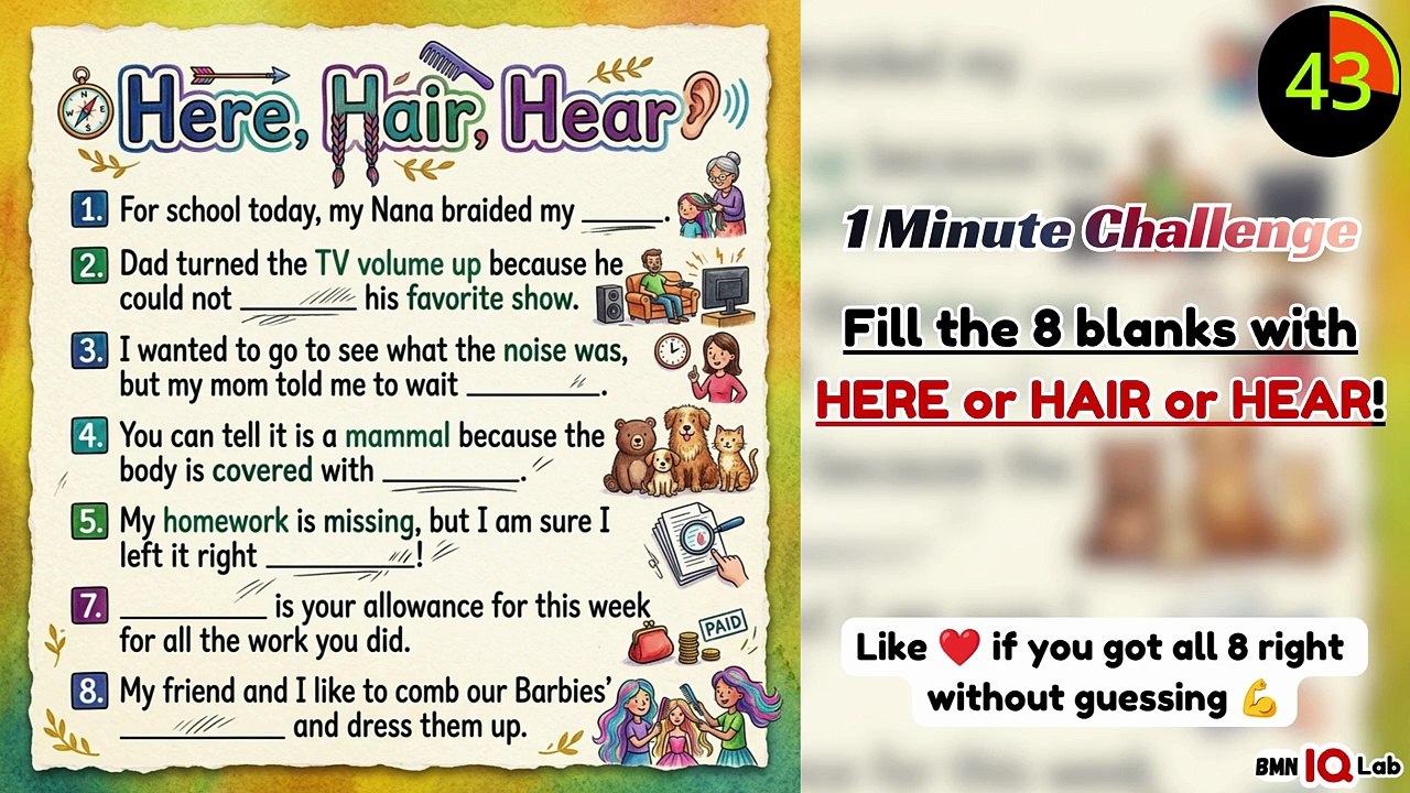 #MentalWorkout 🧠🏋‍♂️ Fill the 8 blanks with HERE or HAIR or HEAR! ✍️