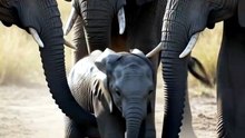 Emotional cinematic moment of baby elephant rescued from mudhole by herd, trunk pulling, dust and effort, calf standing shakily, herd celebrating, BBC Earth quality, 4K, 10 seconds