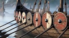 Cinematic wide shot of fleet of Viking longships approaching coastal village at dawn, oars in unison, dragon prows, shields on rails, morning mist, photorealistic, 4K, 10 seconds