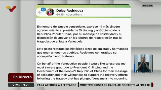 Pdta. (E) agradece mensaje de solidaridad de China y disposición de apoyar en labores de rescate en Venezuela