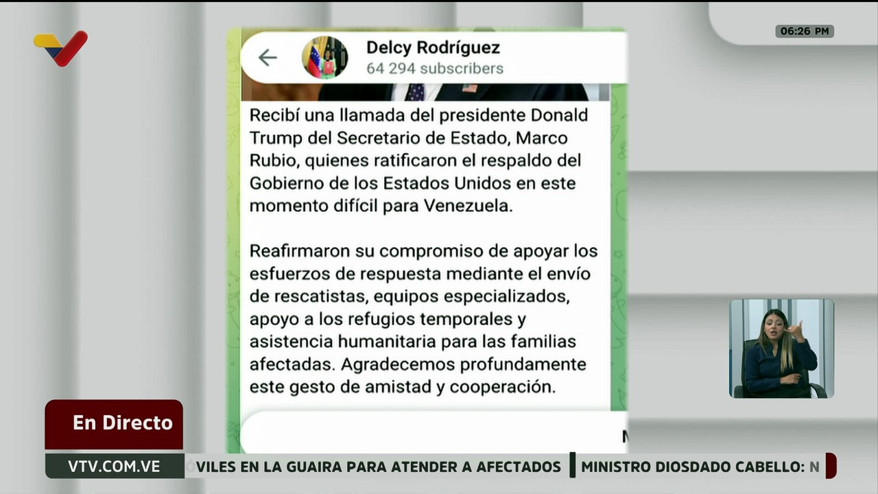 Presidenta (E) Delcy Rodríguez recibió llamada de respaldo por parte de Donald Trump y Marco Rubio