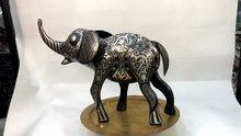 Damascene Elephant Sculpture – Silver Inlay Metal Art from Meknes, Luxury Elephant Statue, Artisan Home Decor1
