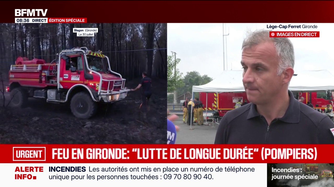 Incendie en Gironde;: "Plus de 3.000 sapeurs-pompiers sont déployés sur le terrain, associés aux forces de l'ordre, aux éléments militaires et aux bénévoles", précise Matthieu Jomain, commandant SDIS de la Gironde
