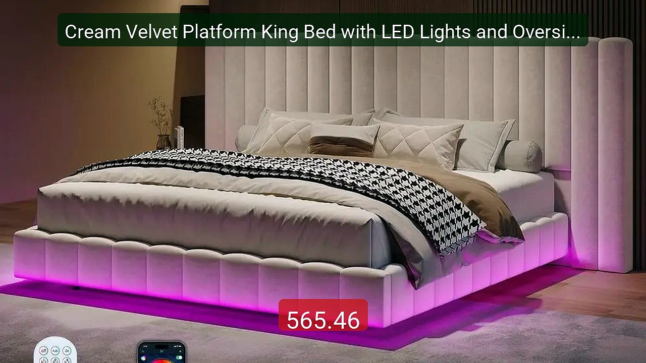 Cream Velvet Platform King Bed with LED Lights and Oversized ... -- Amazing Value 2026 | Must Have!