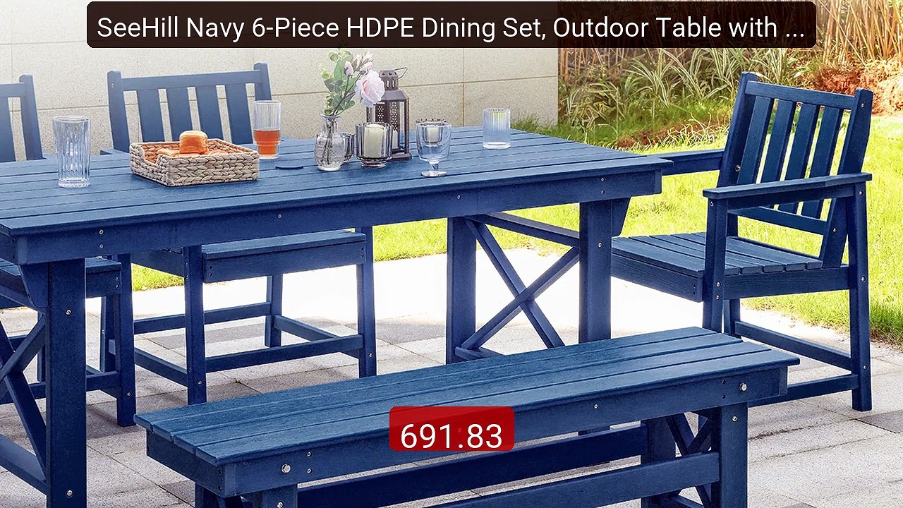 SeeHill Navy 6-Piece HDPE Dining Set, Outdoor T...